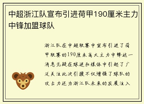 中超浙江队宣布引进荷甲190厘米主力中锋加盟球队